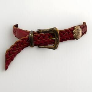 Vintage Fossil Red Leather Women's Red 37in. Braided Concho Boho Woven Belt